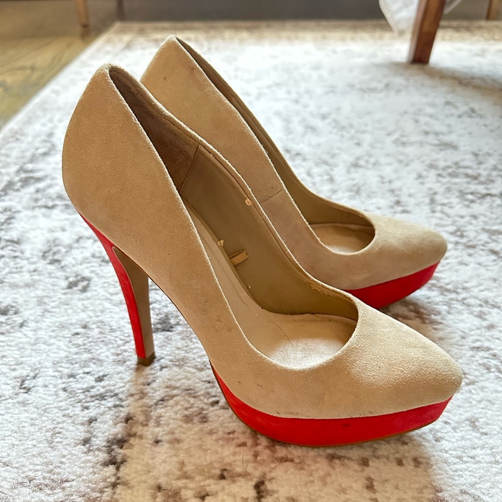 zara heels (5in heel). EU 38 / US 7.5. light beige suede with pink/coral accent.